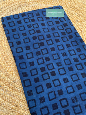 Indigo Geometric Ajrakh Hand-Block Printed Cotton Fabric – Deep Azure & Midnight Square Motif