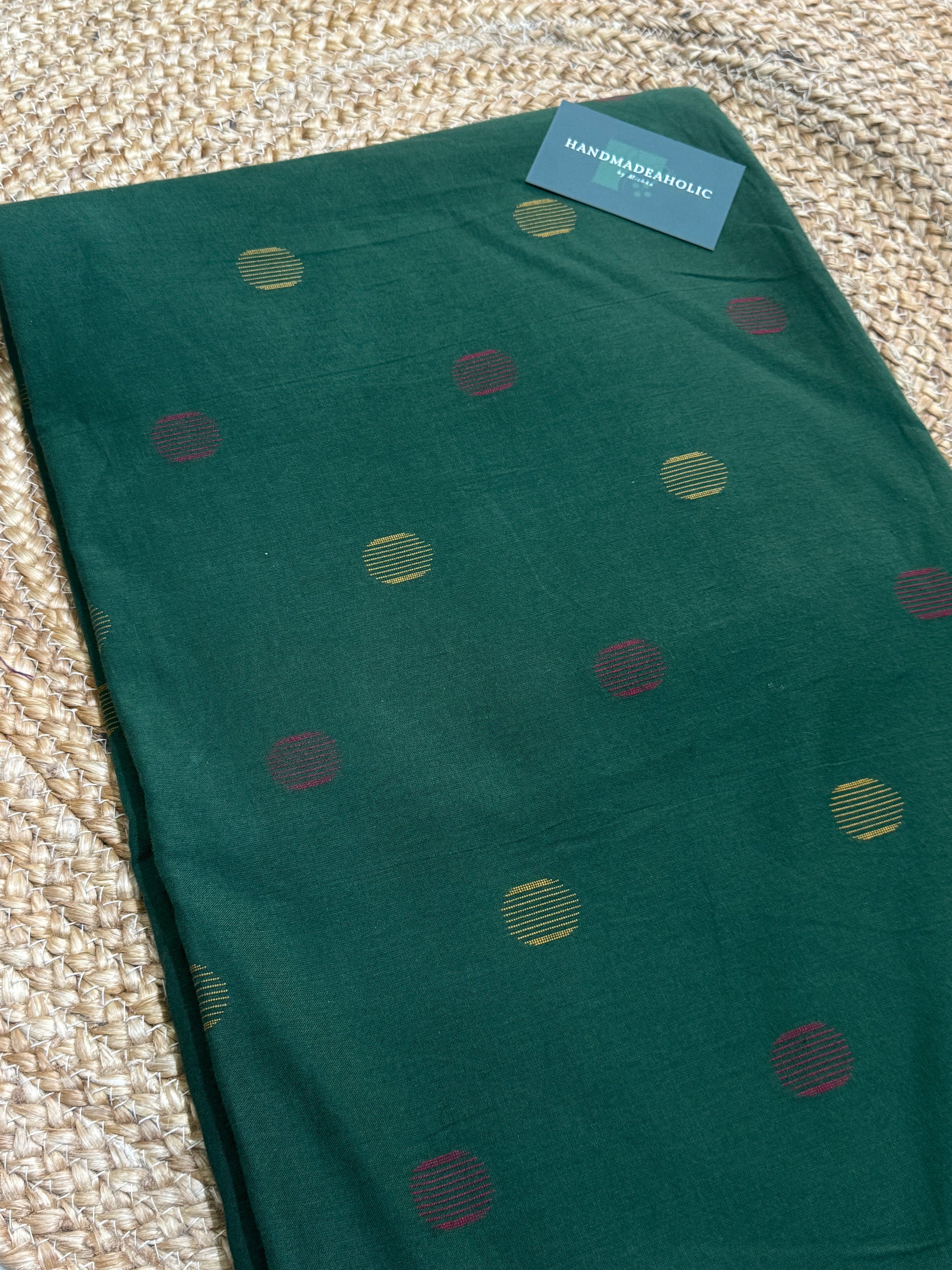 Emerald Earth Handloom Cotton Unstitched  Fabric with Circular Buttis and Kantha-Style Stripes HANDMADEAHOLIC BY MISHKA