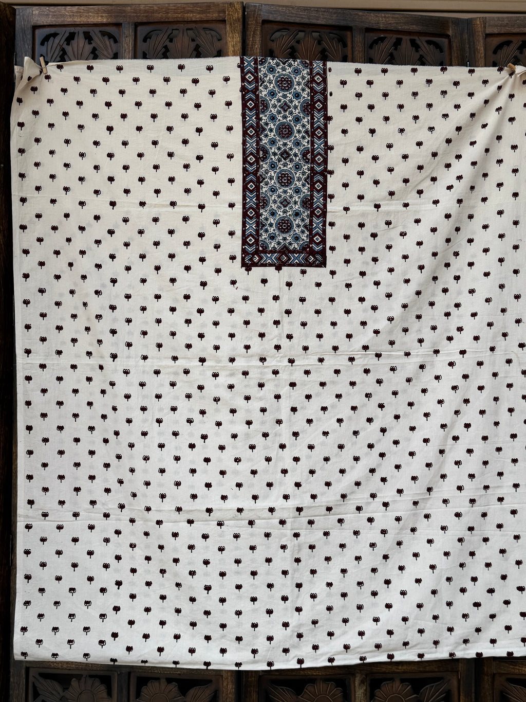 Hand-Block Printed Ajrakh Cotton Unstitched Suit Set – Earthy Maroon & Ivory Geometrics