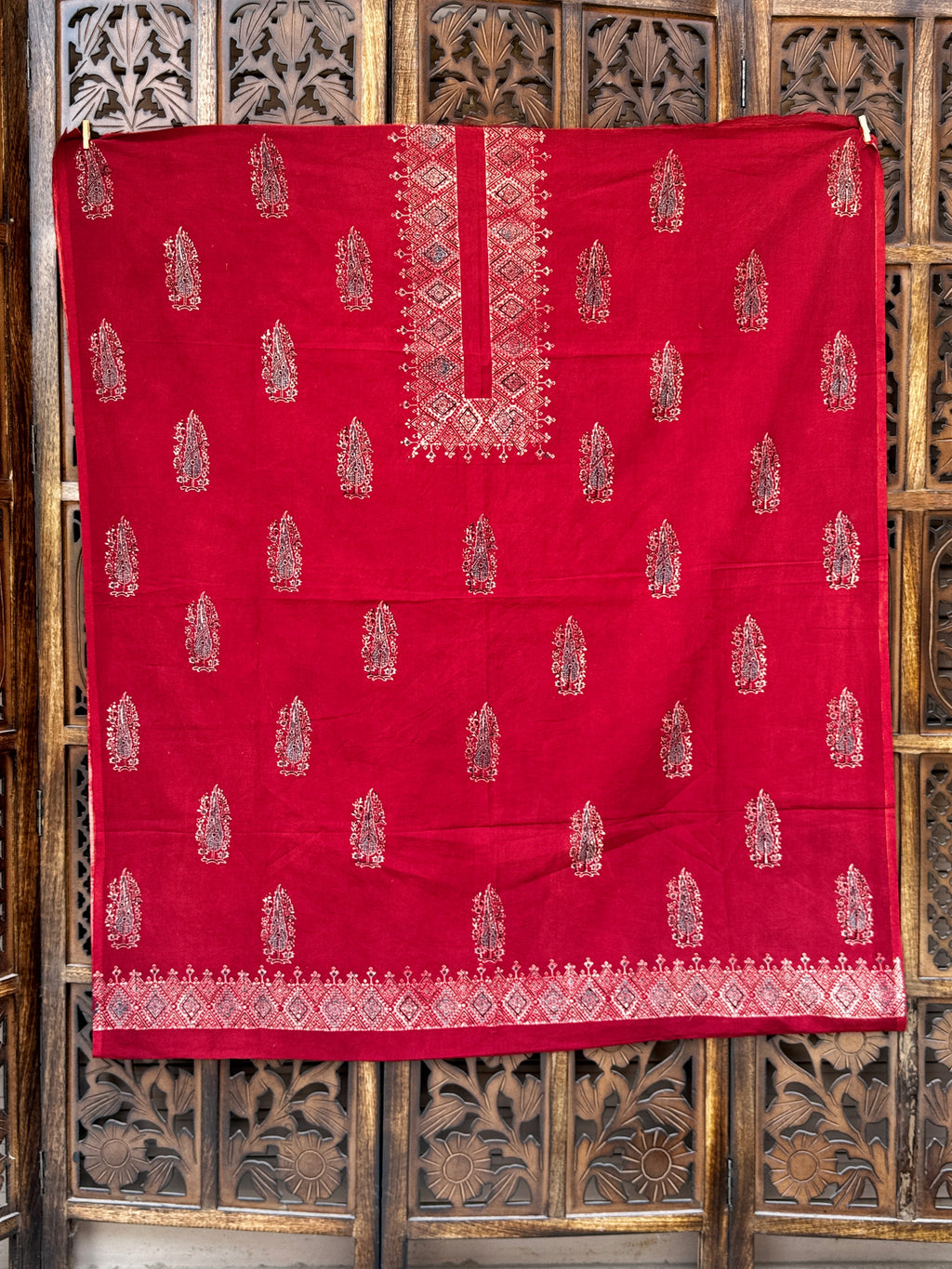 Hand-Block Ajrakh Cotton Unstitched Suit Set – Deep Crimson & Indigo Earth Tones