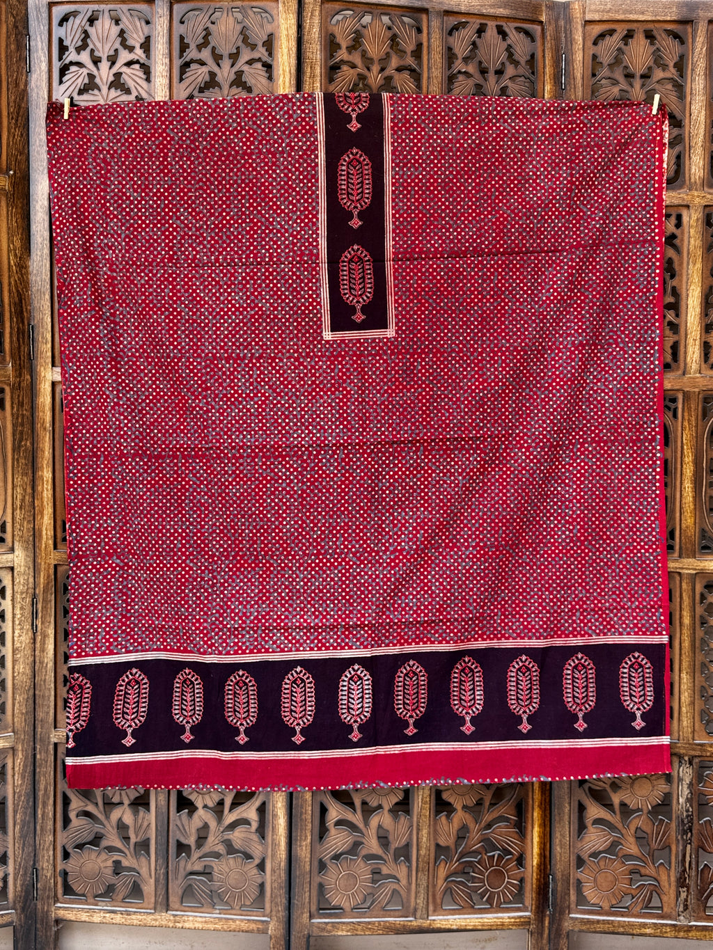 Heritage Ajrakh Hand-Block Printed Cotton Unstitched Suit Set – Crimson & Charcoal