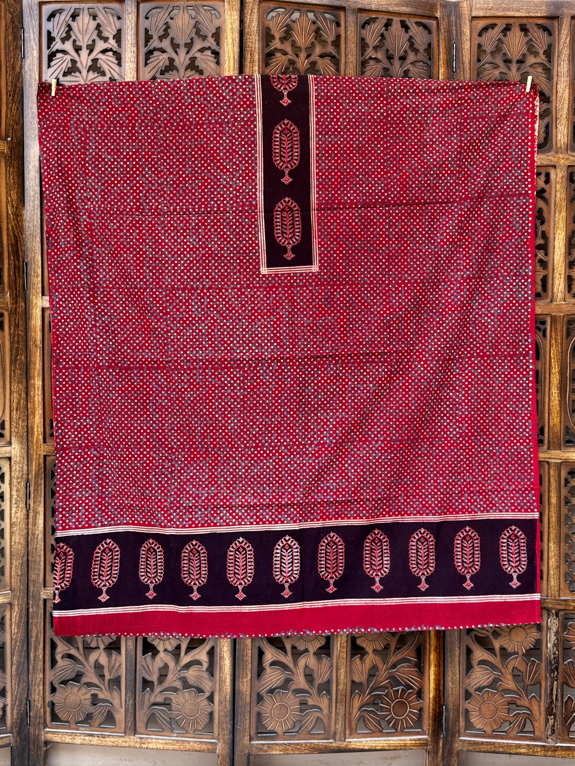 Heritage Ajrakh Hand-Block Printed Cotton Unstitched Suit Set – Crimson & Charcoal