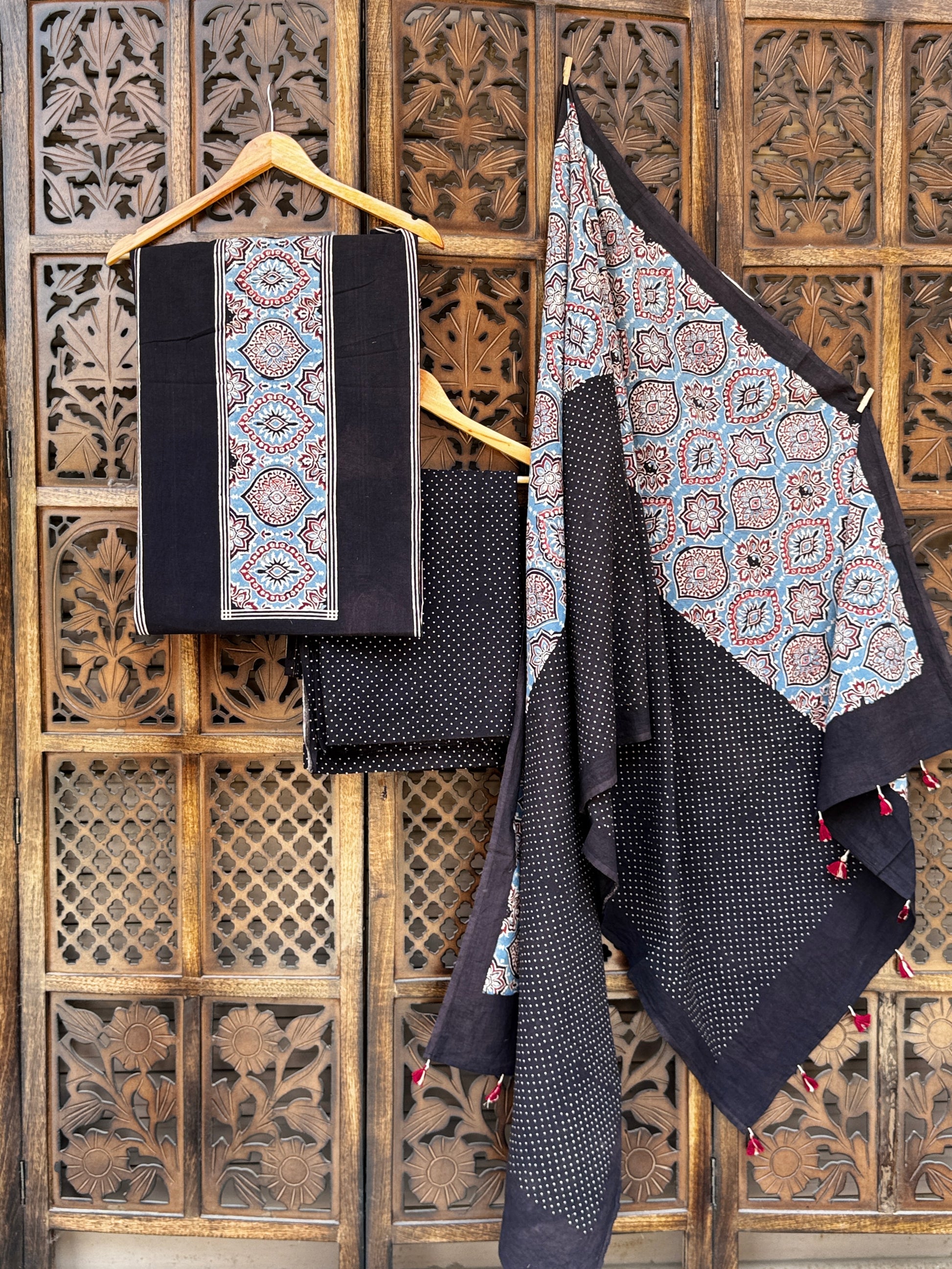 Midnight Indigo Ajrakh & Polka Hand-Block Printed Cotton Unstitched Suit Set