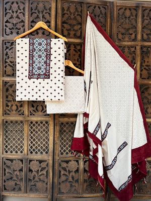 Hand-Block Printed Ajrakh Cotton Unstitched Suit Set – Earthy Maroon & Ivory Geometrics
