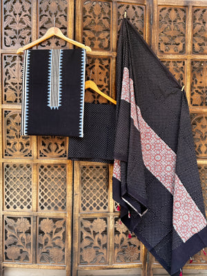 Midnight Geometry: Hand-Block Ajrakh Cotton Unstitched Suit Set