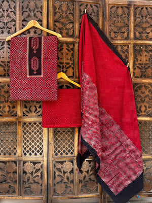 Heritage Ajrakh Hand-Block Printed Cotton Unstitched Suit Set – Crimson & Charcoal