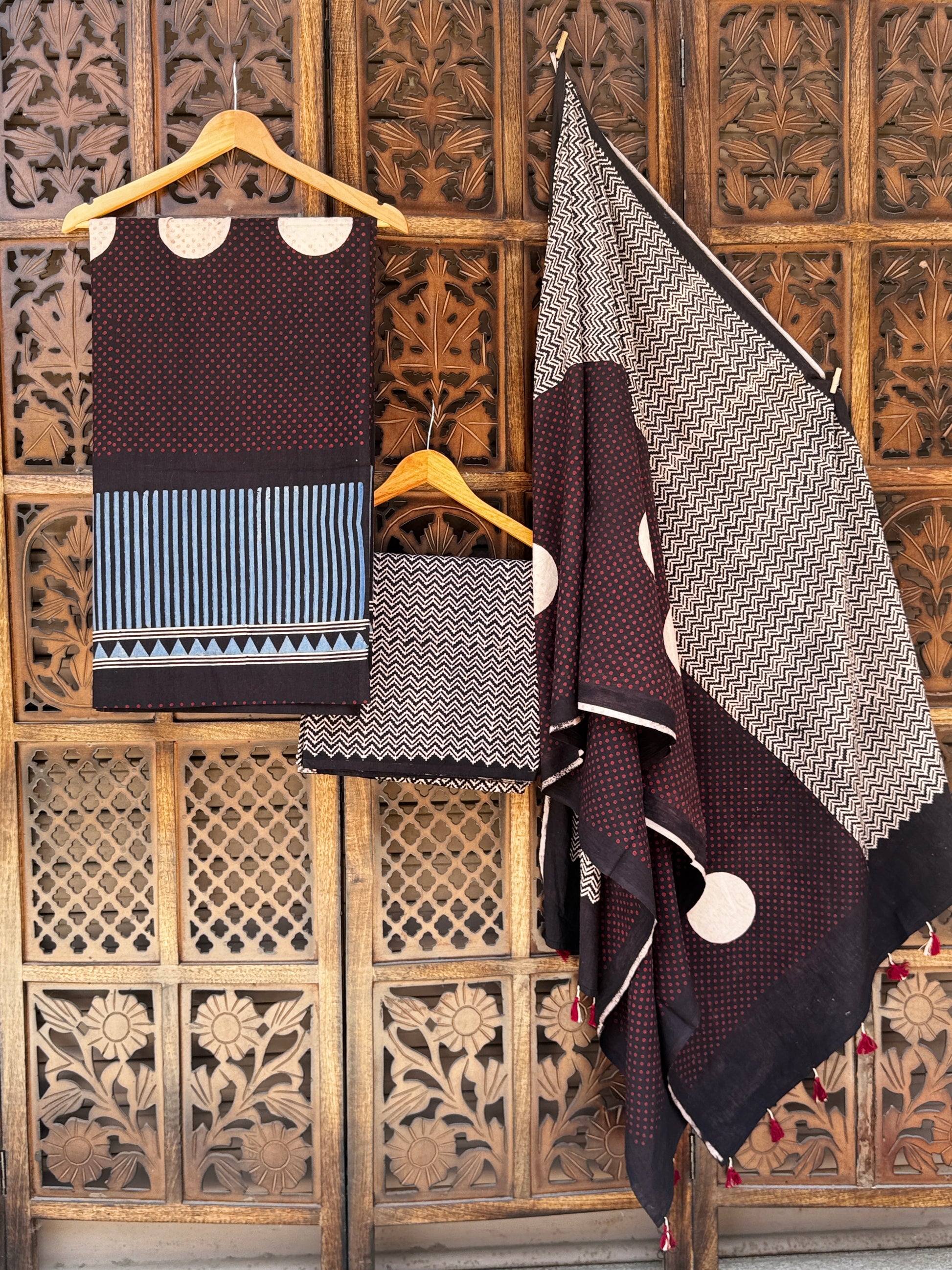 Hand-Block Printed Ajrakh Cotton Unstitched Suit Set – Geometric Indigo & Crimson