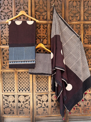 Hand-Block Printed Ajrakh Cotton Unstitched Suit Set – Geometric Indigo & Crimson