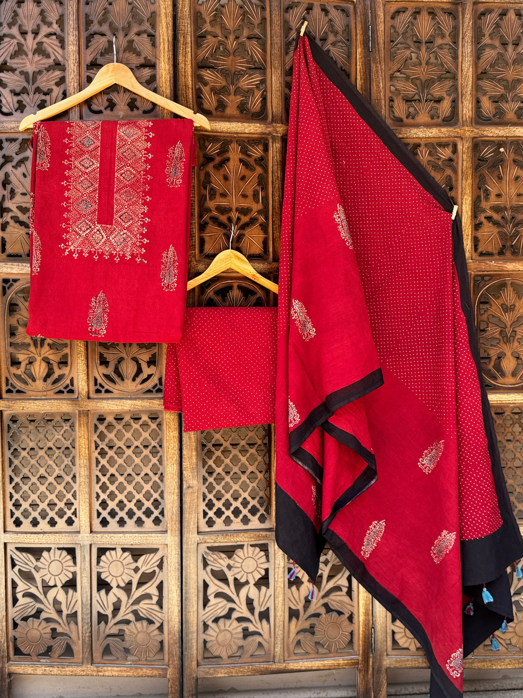 Hand-Block Ajrakh Cotton Unstitched Suit Set – Deep Crimson & Indigo Earth Tones