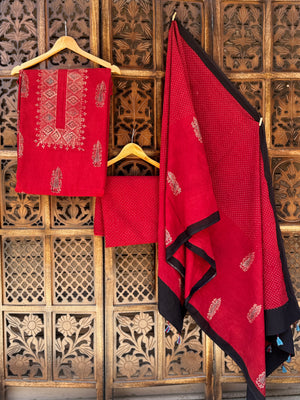 Hand-Block Ajrakh Cotton Unstitched Suit Set – Deep Crimson & Indigo Earth Tones