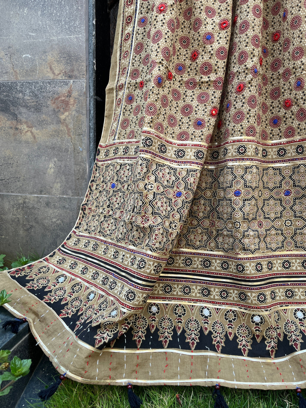 CREAM  HANDCRAFTED AJARKH DUPATTA HANDMADEAHOLIC BY MISHKA