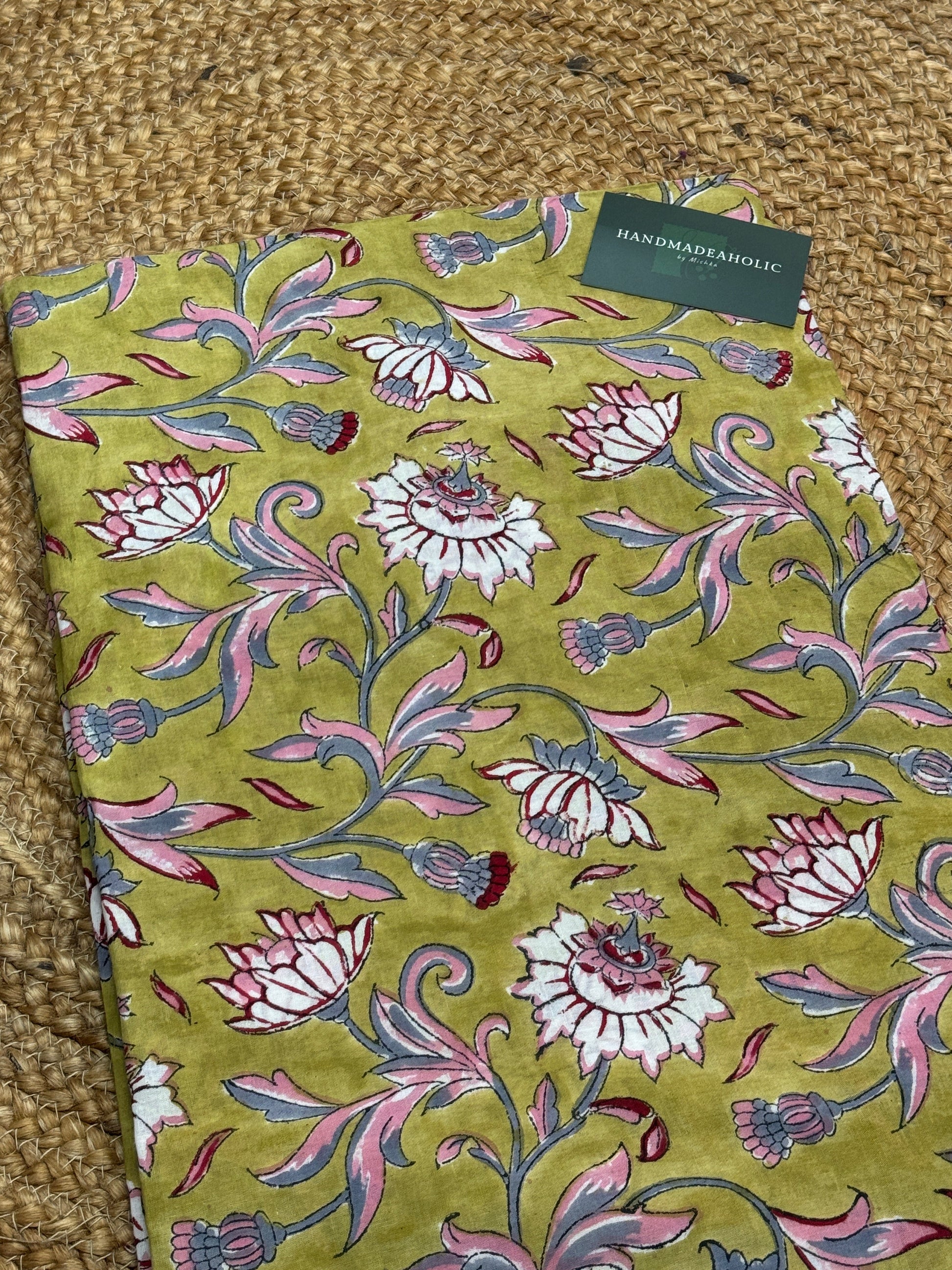 WHITE & PEACH FLOWER HANDBLOCK COTTON FABRIC HANDMADEAHOLIC BY MISHKA