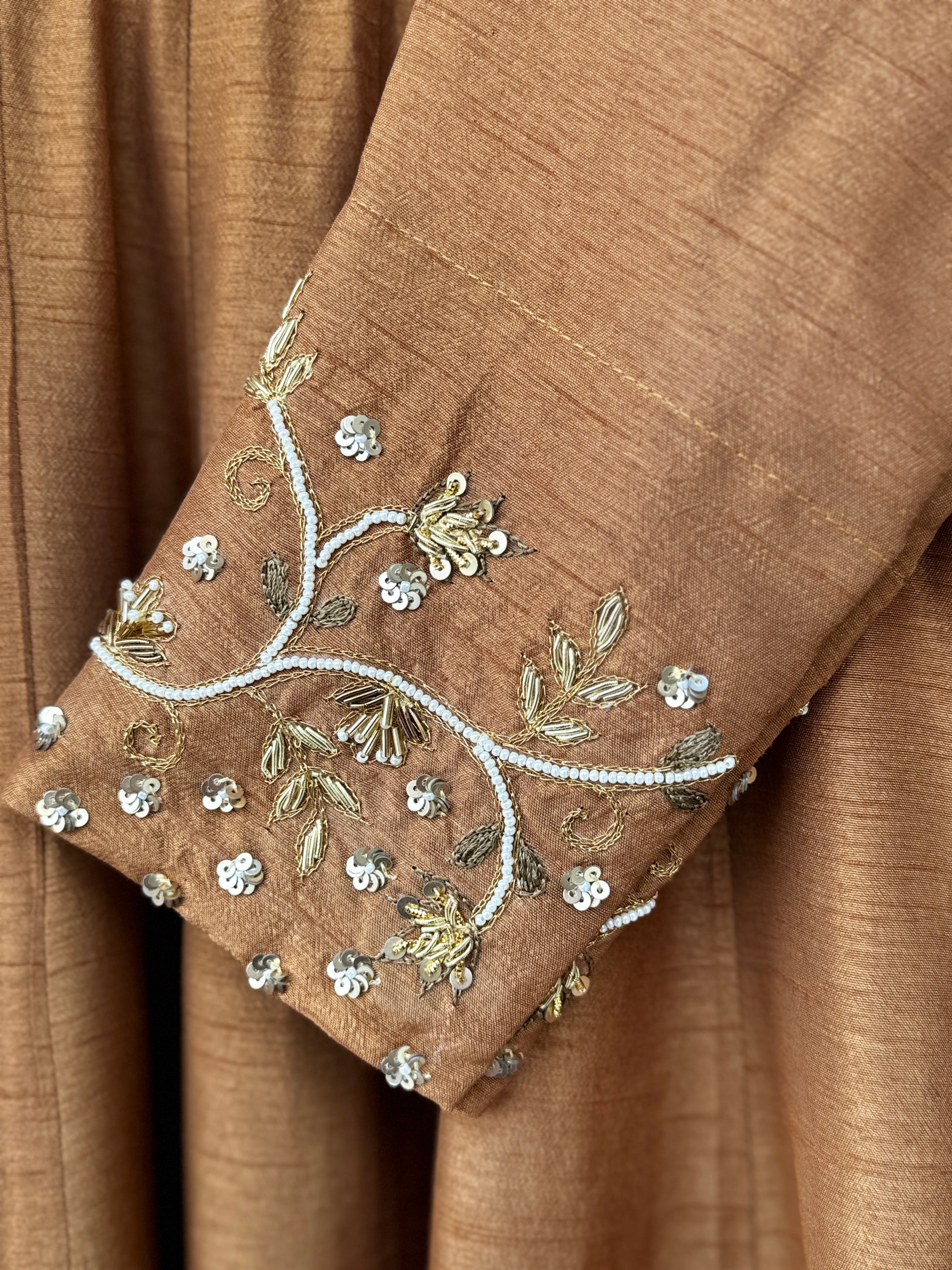 Brown Hand-Embroidered Flat Silk Suit Set