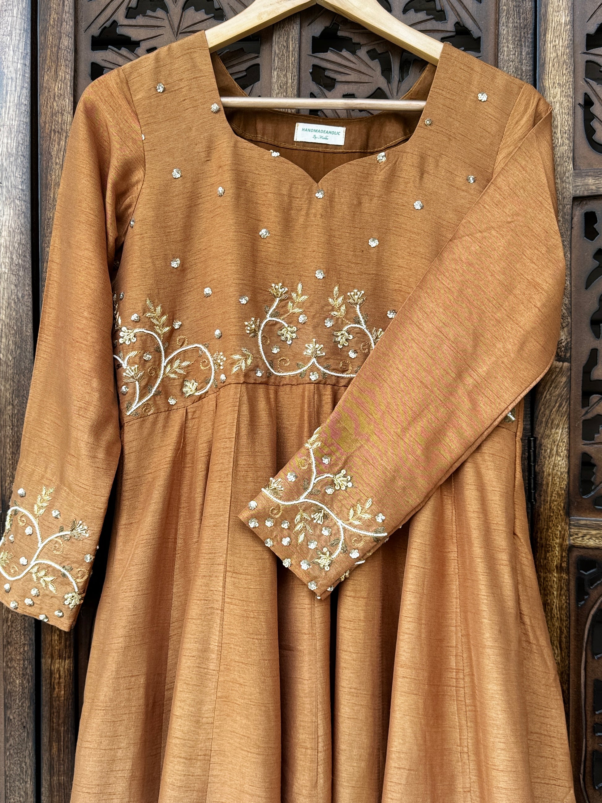 Brown Hand-Embroidered Flat Silk Suit Set