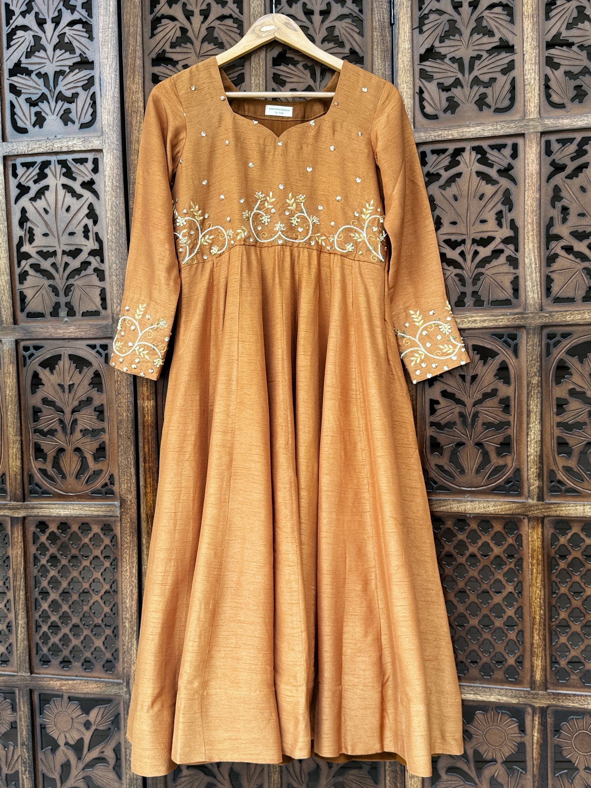 Brown Hand-Embroidered Flat Silk Suit Set