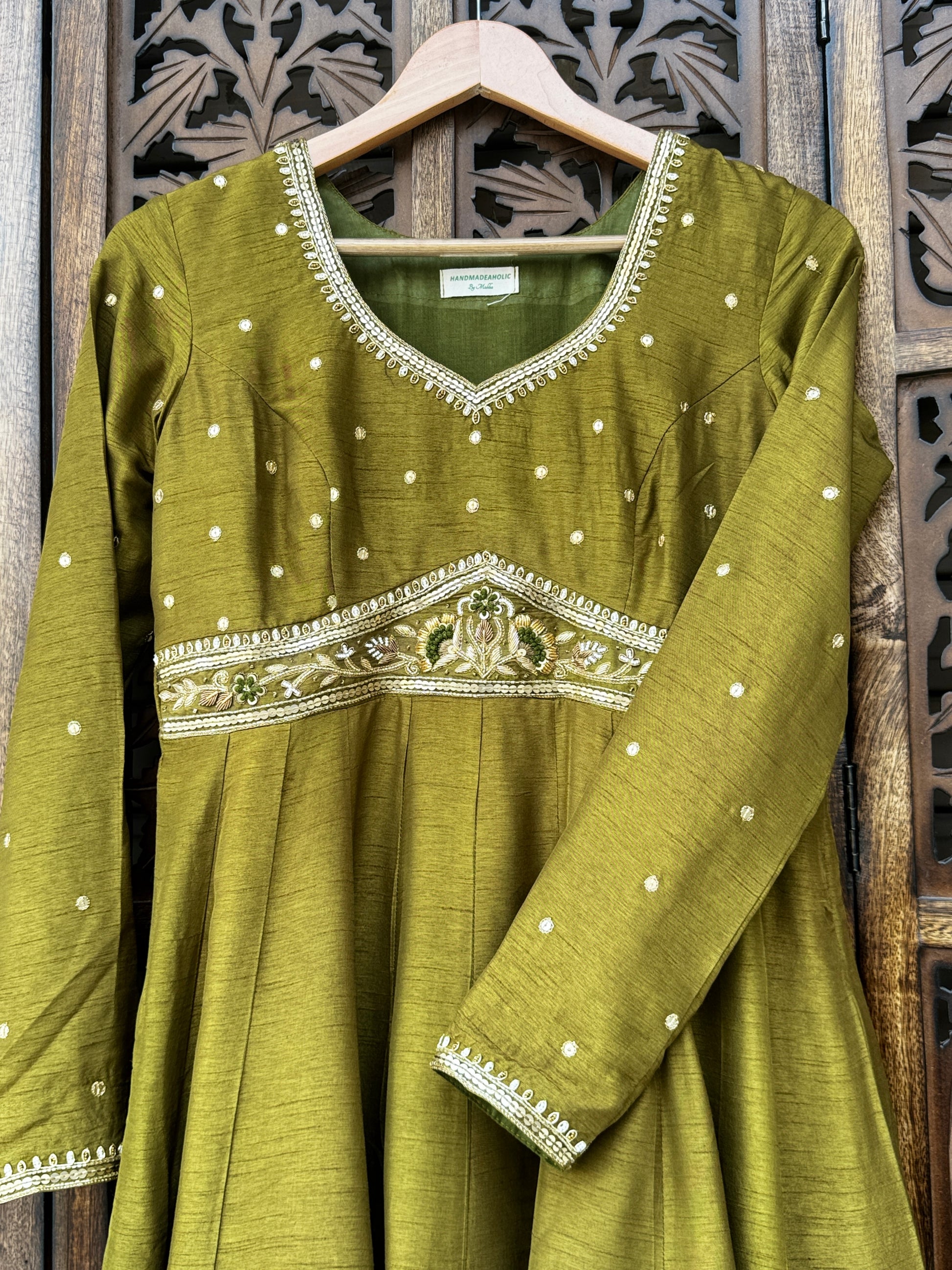 Olive Moss Flat Silk Anarkali Suit Set