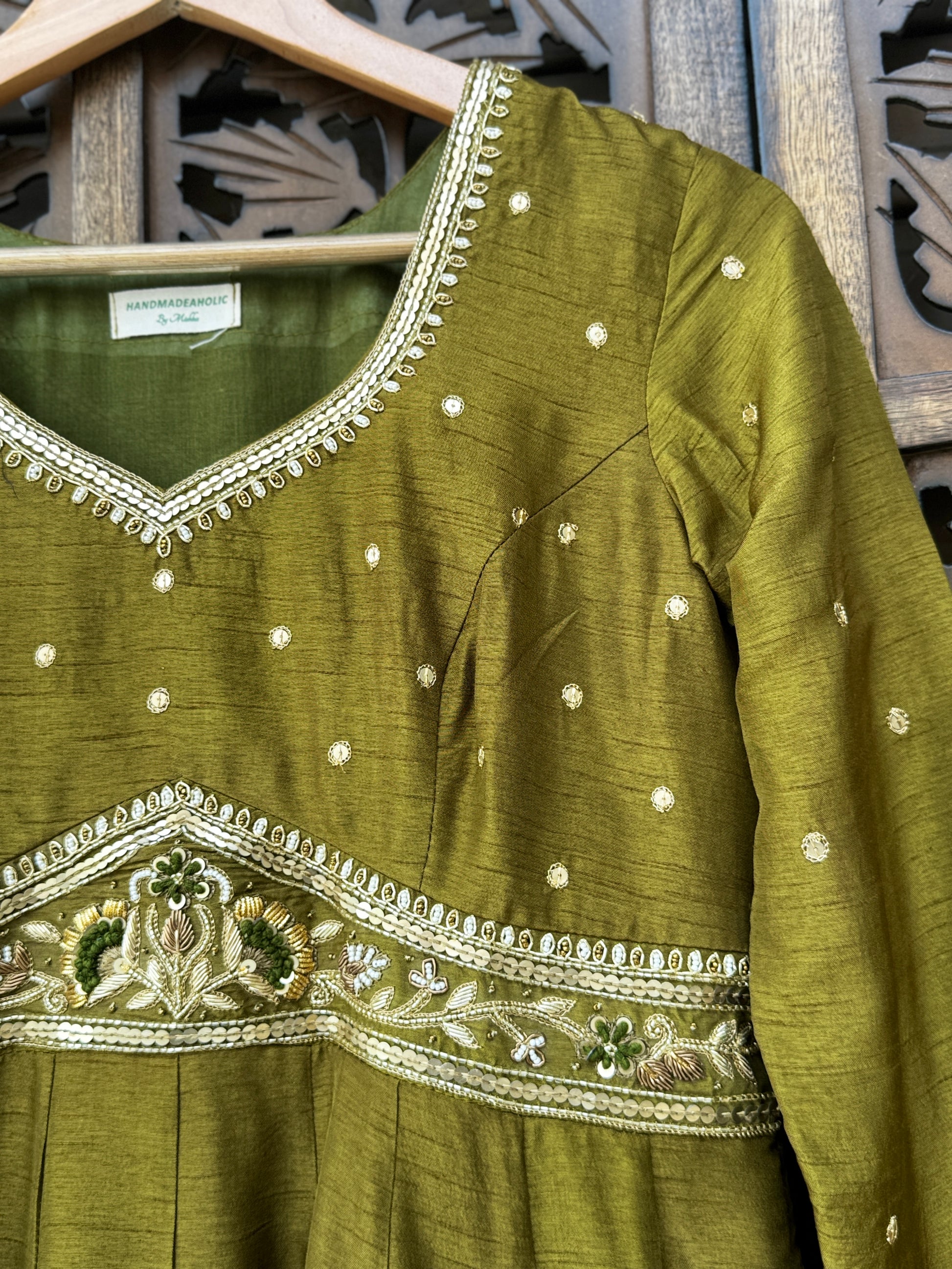 Olive Moss Flat Silk Anarkali Suit Set
