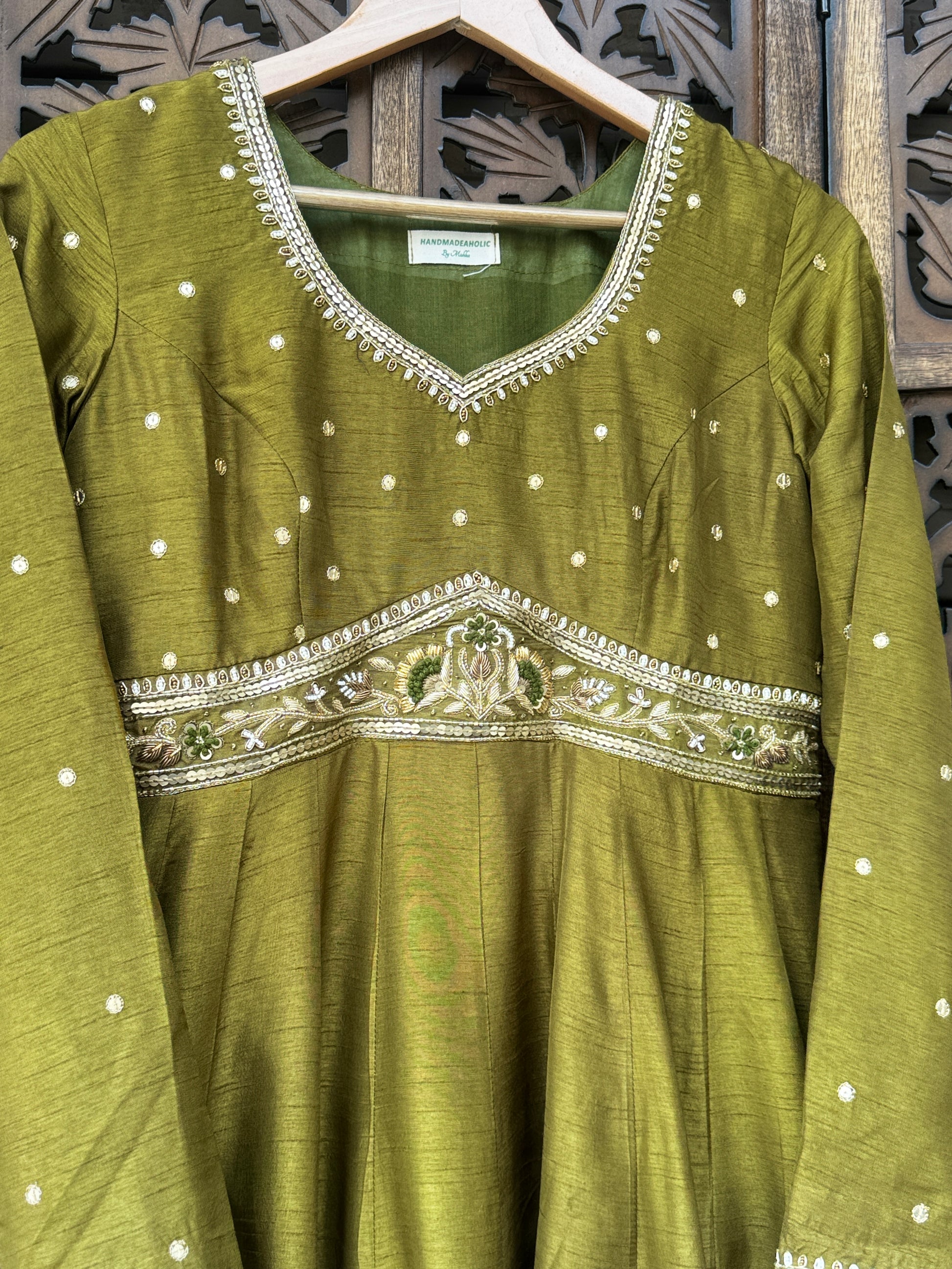 Olive Moss Flat Silk Anarkali Suit Set