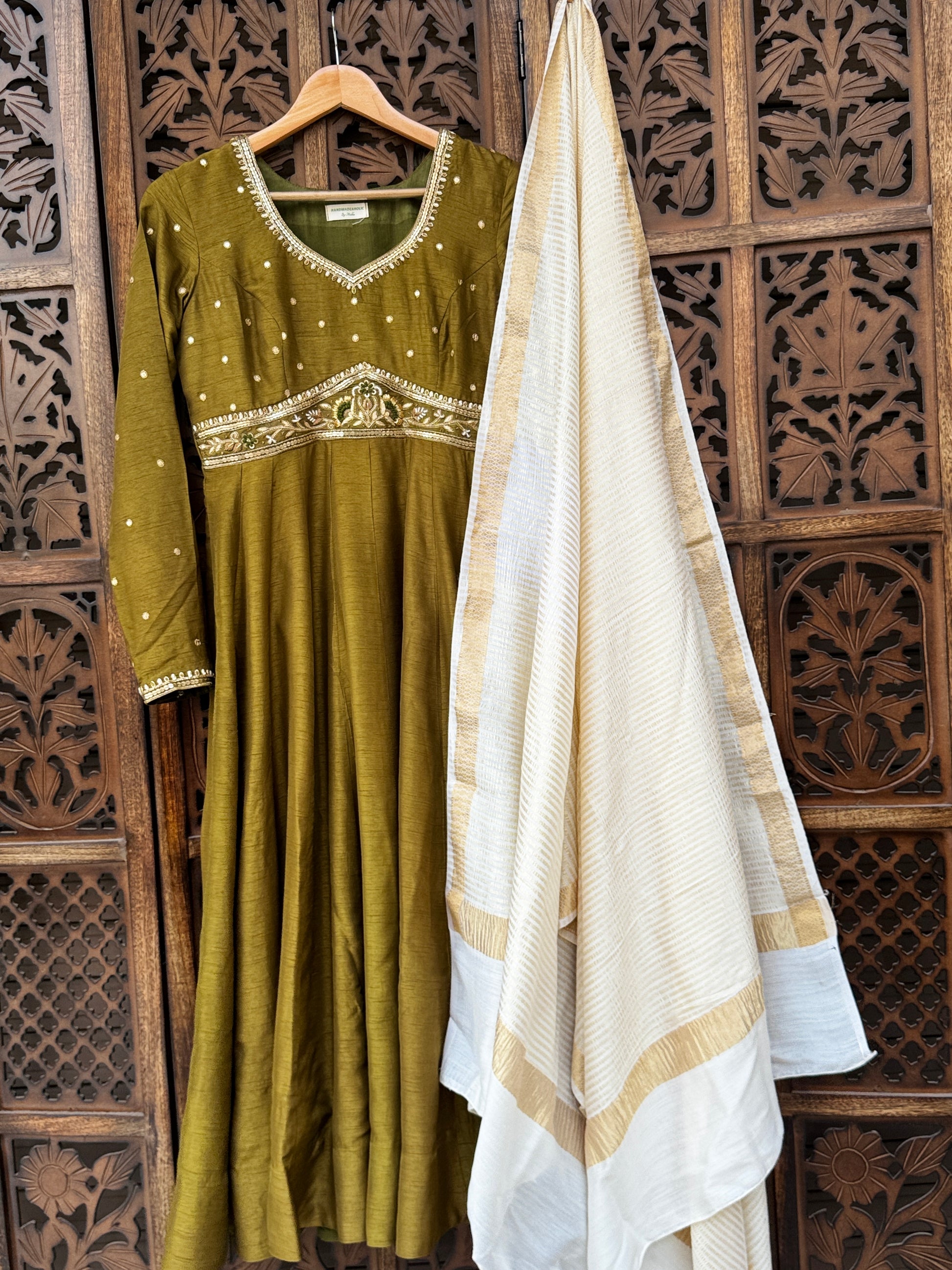 Olive Moss Flat Silk Anarkali Suit Set
