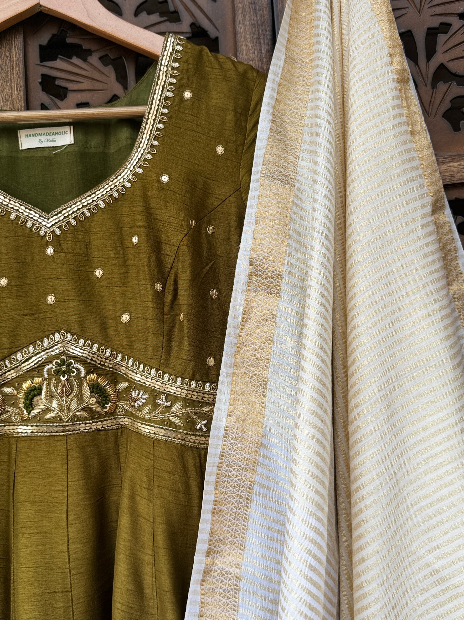 Olive Moss Flat Silk Anarkali Suit Set