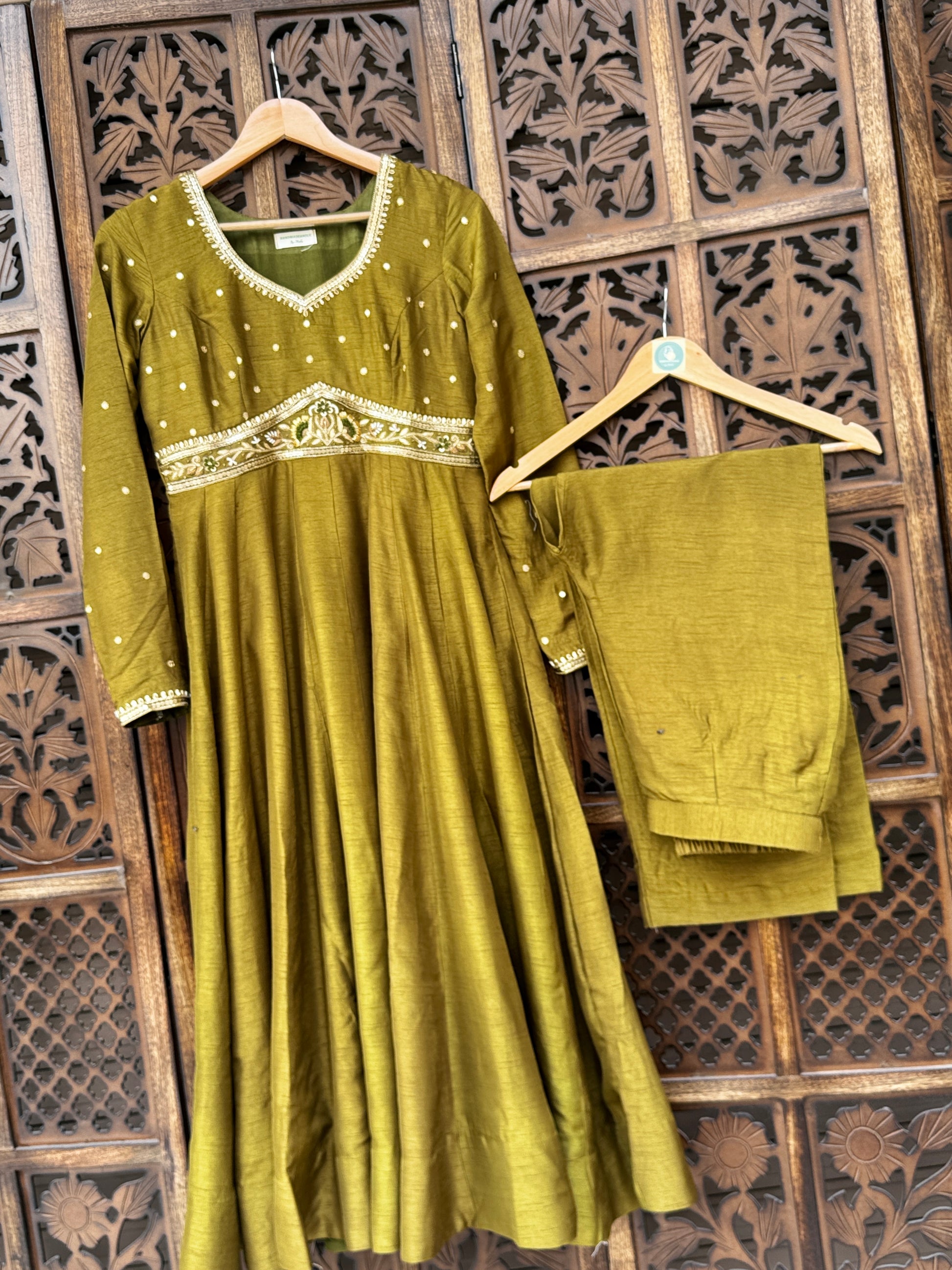 Olive Moss Flat Silk Anarkali Suit Set