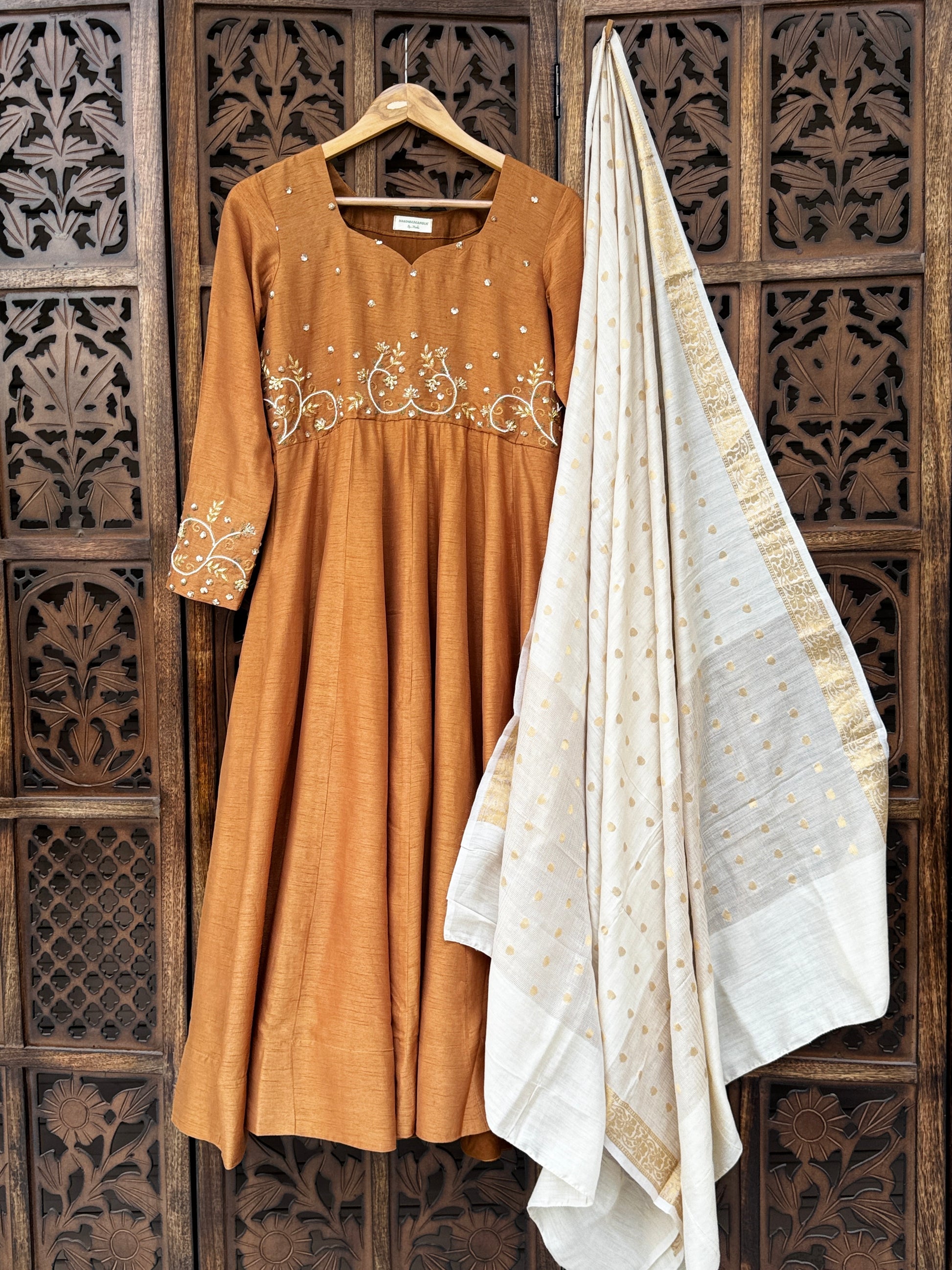 Brown Hand-Embroidered Flat Silk Suit Set