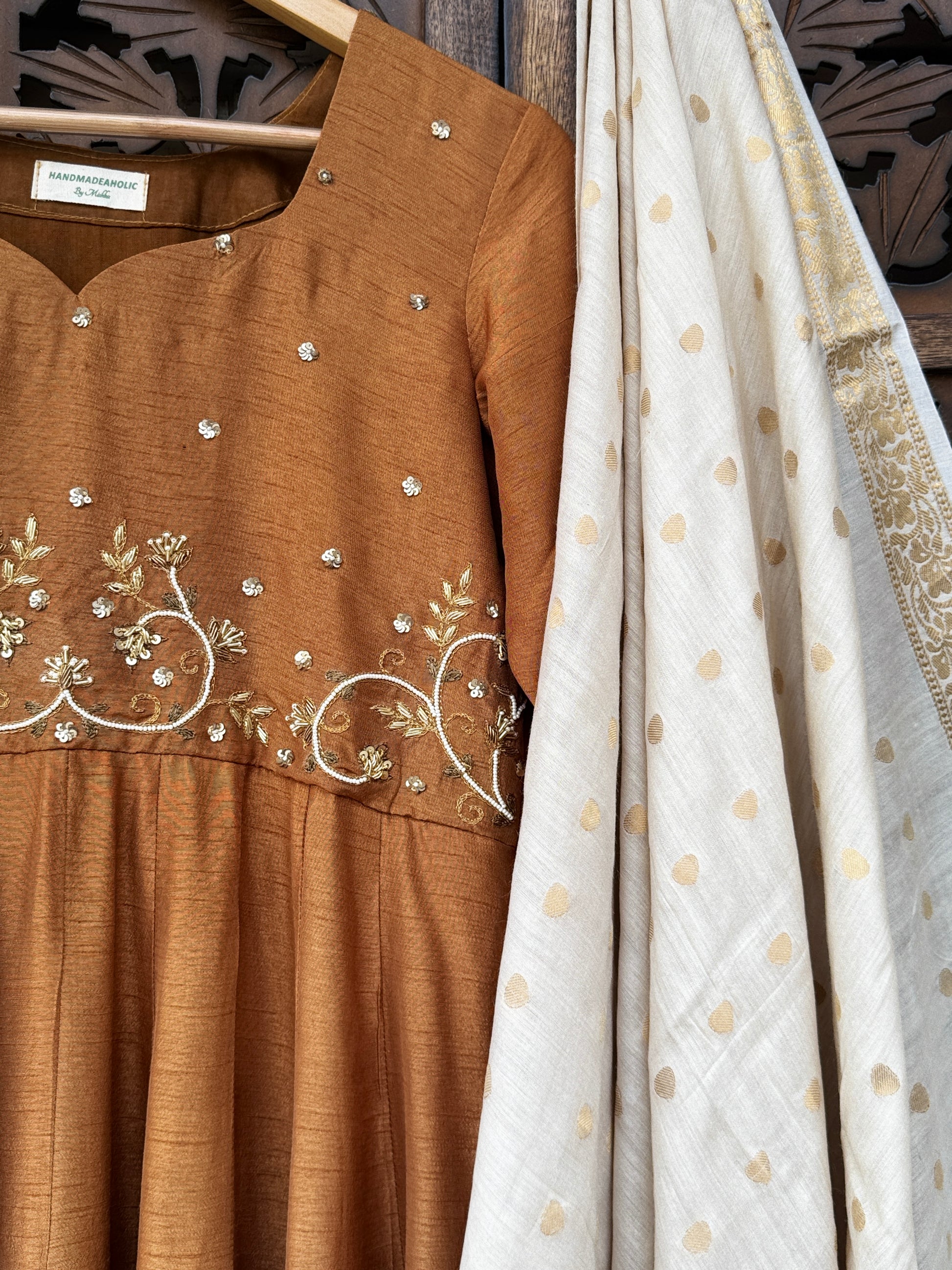 Brown Hand-Embroidered Flat Silk Suit Set