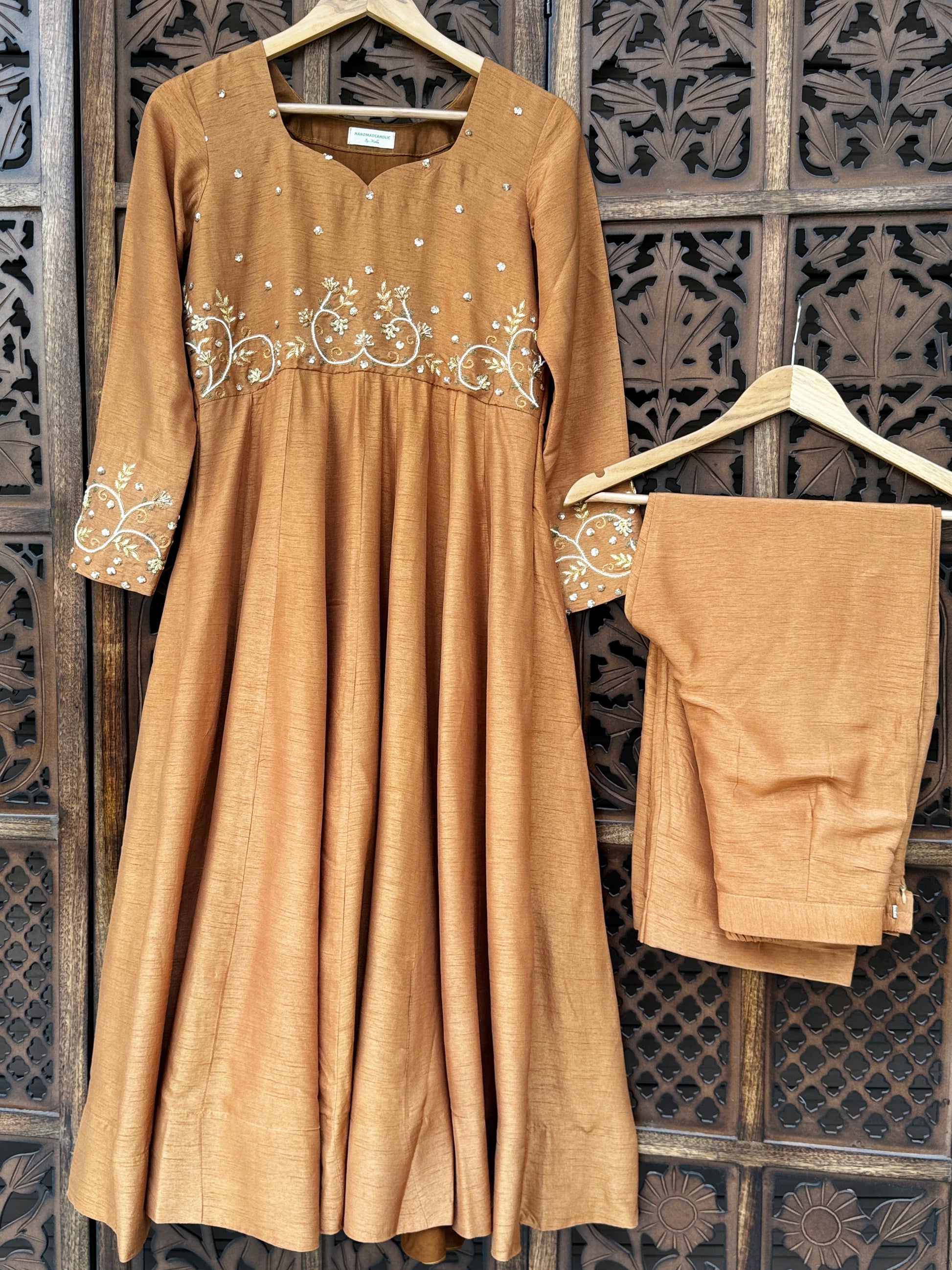Brown Hand-Embroidered Flat Silk Suit Set