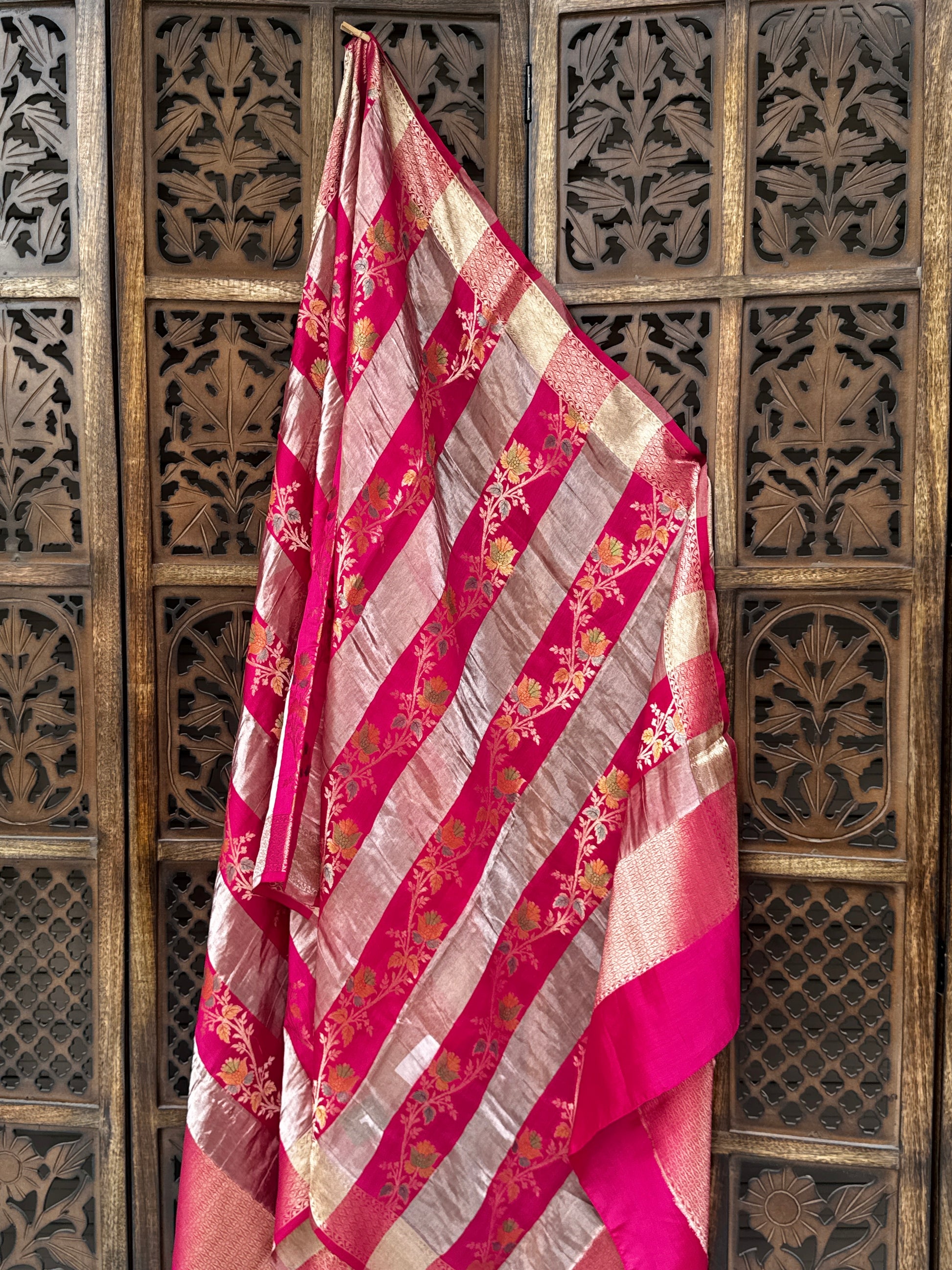 Rani Pink & Gold Shimmer Hand-Woven Patti Katan Silk Dupatta with Meenakari Florals
