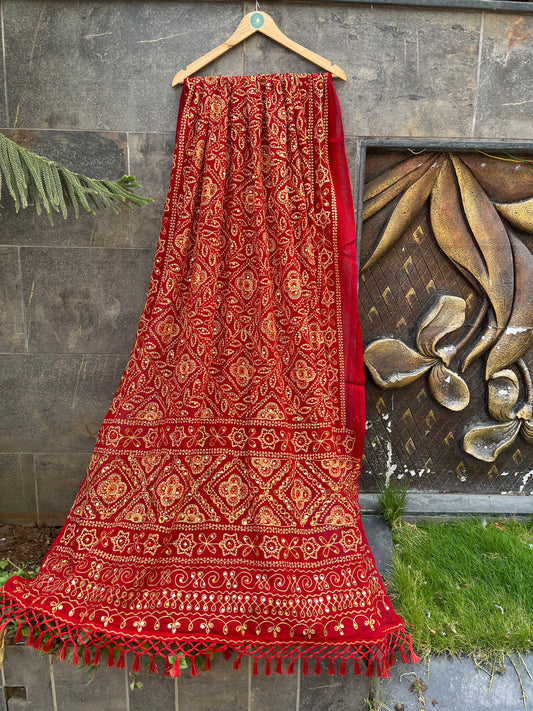 RED GEORGETTE VINTAGE DUPATTA HANDMADEAHOLIC BY MISHKA