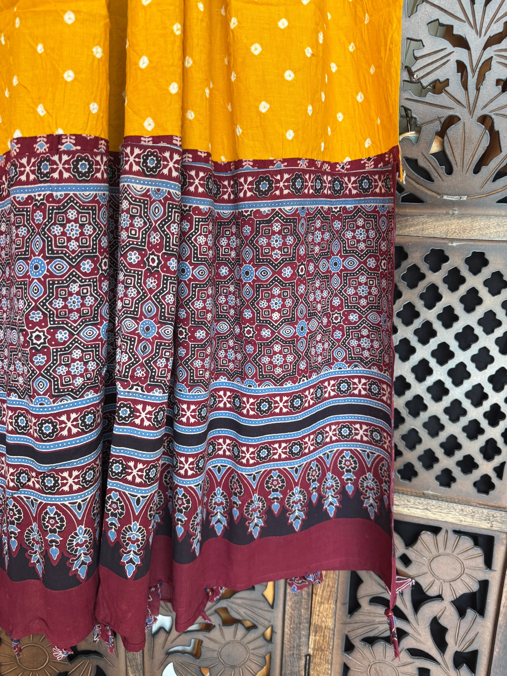 YELLOW AND MAROON AJRAKH DUPATTA HANDMADEAHOLIC BY MISHKA