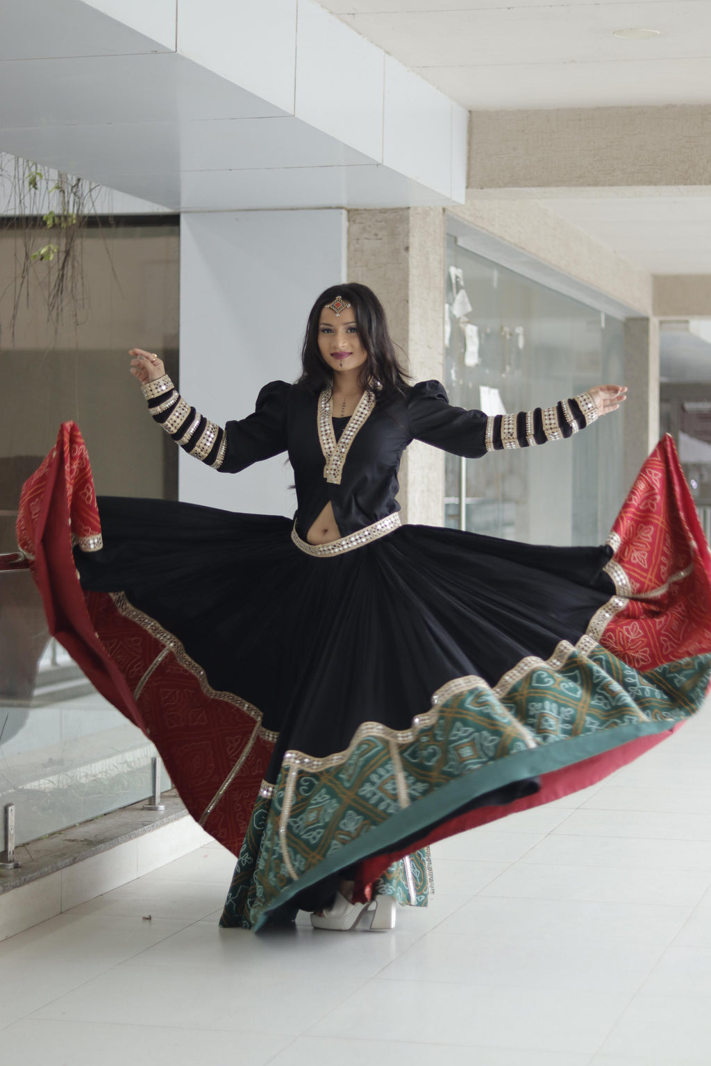 RED AND GREEN BANDHNI BLACK CHANIYA HOLI - handmadeaholicmishka