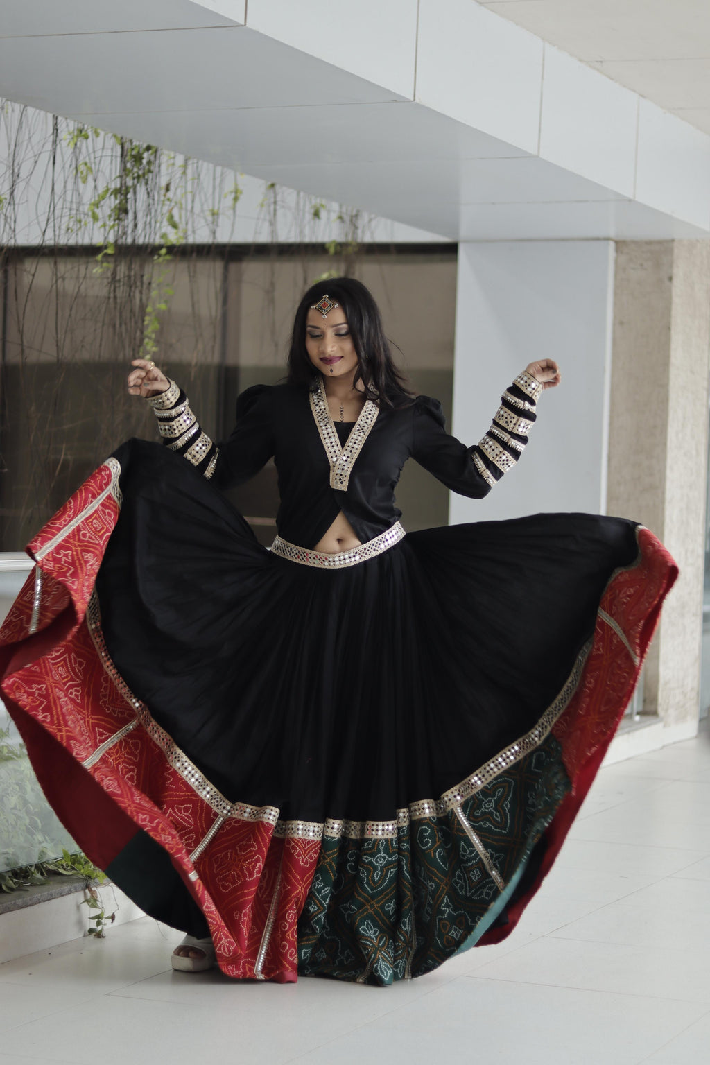 RED AND GREEN BANDHNI BLACK CHANIYA HOLI - handmadeaholicmishka
