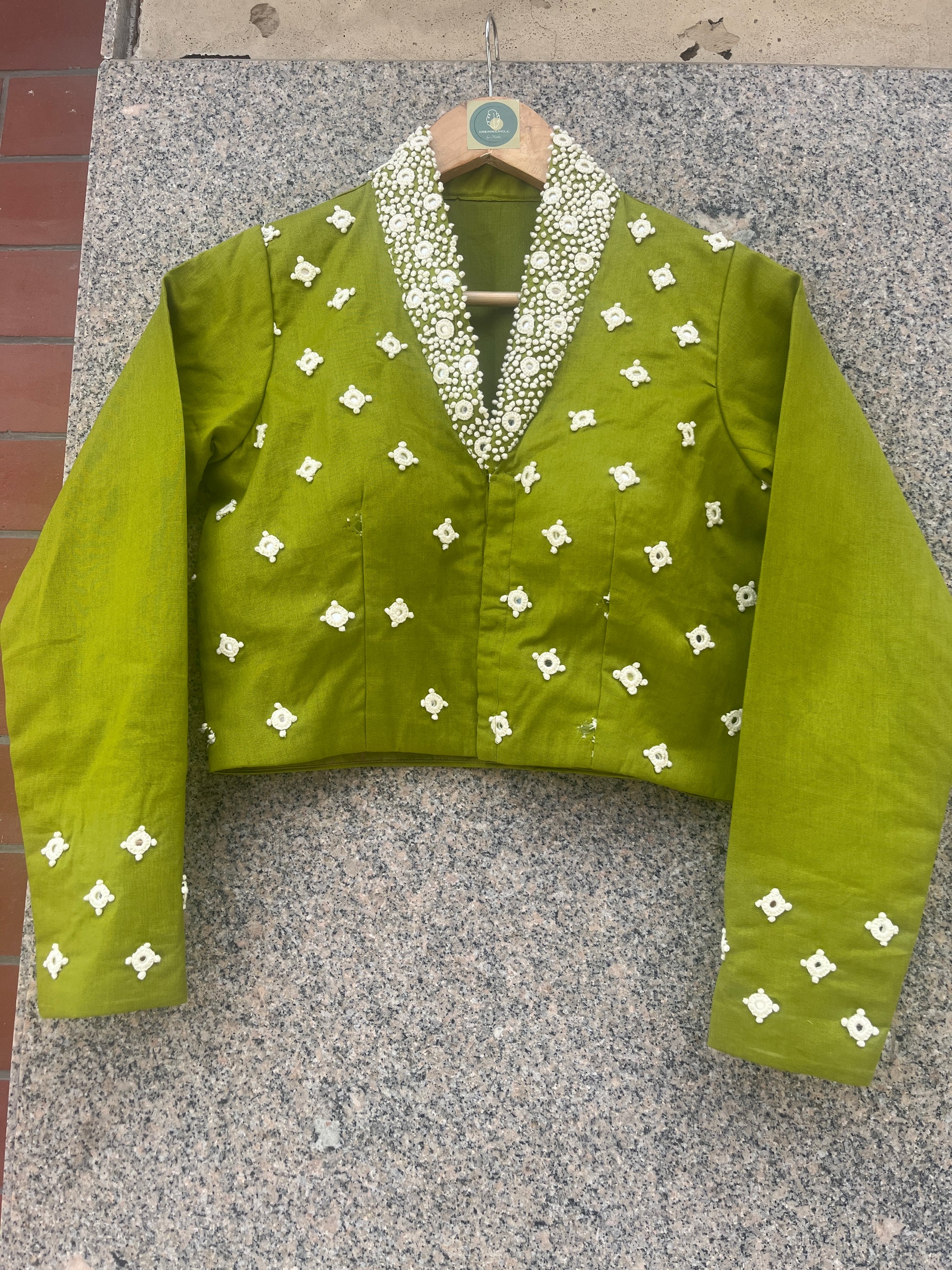 PARROT GREEN HANDWORK JACKET-STYLE COLLAR BLOUSE - handmadeaholicmishka