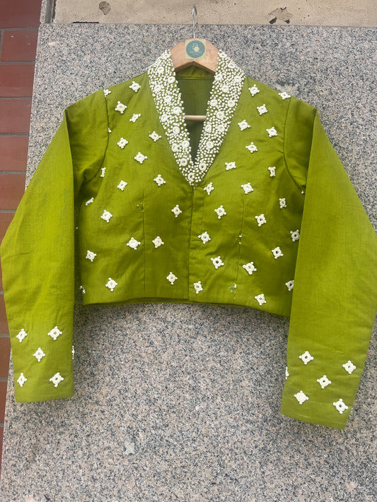 PARROT GREEN HANDWORK JACKET-STYLE COLLAR BLOUSE - handmadeaholicmishka
