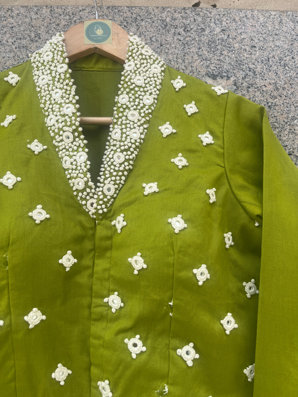 PARROT GREEN HANDWORK JACKET-STYLE COLLAR BLOUSE - handmadeaholicmishka