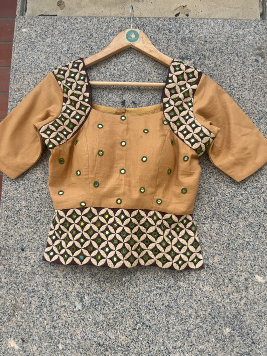 CREAM AND BROWN DESHI BHARAT BLOUSE STYLE JACKET - handmadeaholicmishka