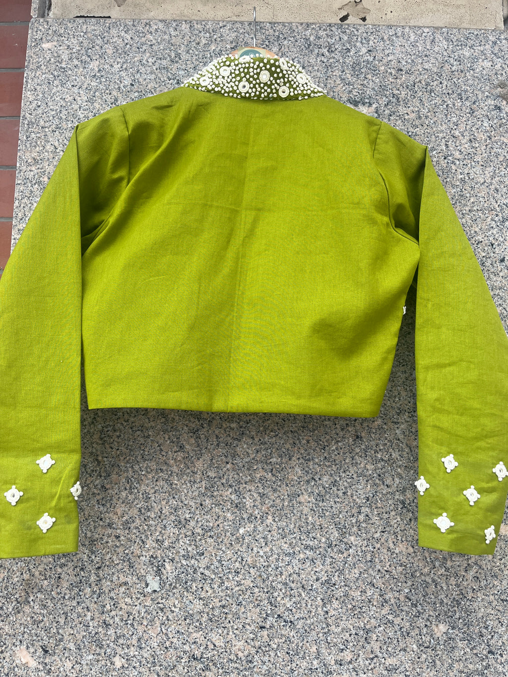 PARROT GREEN HANDWORK JACKET-STYLE COLLAR BLOUSE - handmadeaholicmishka