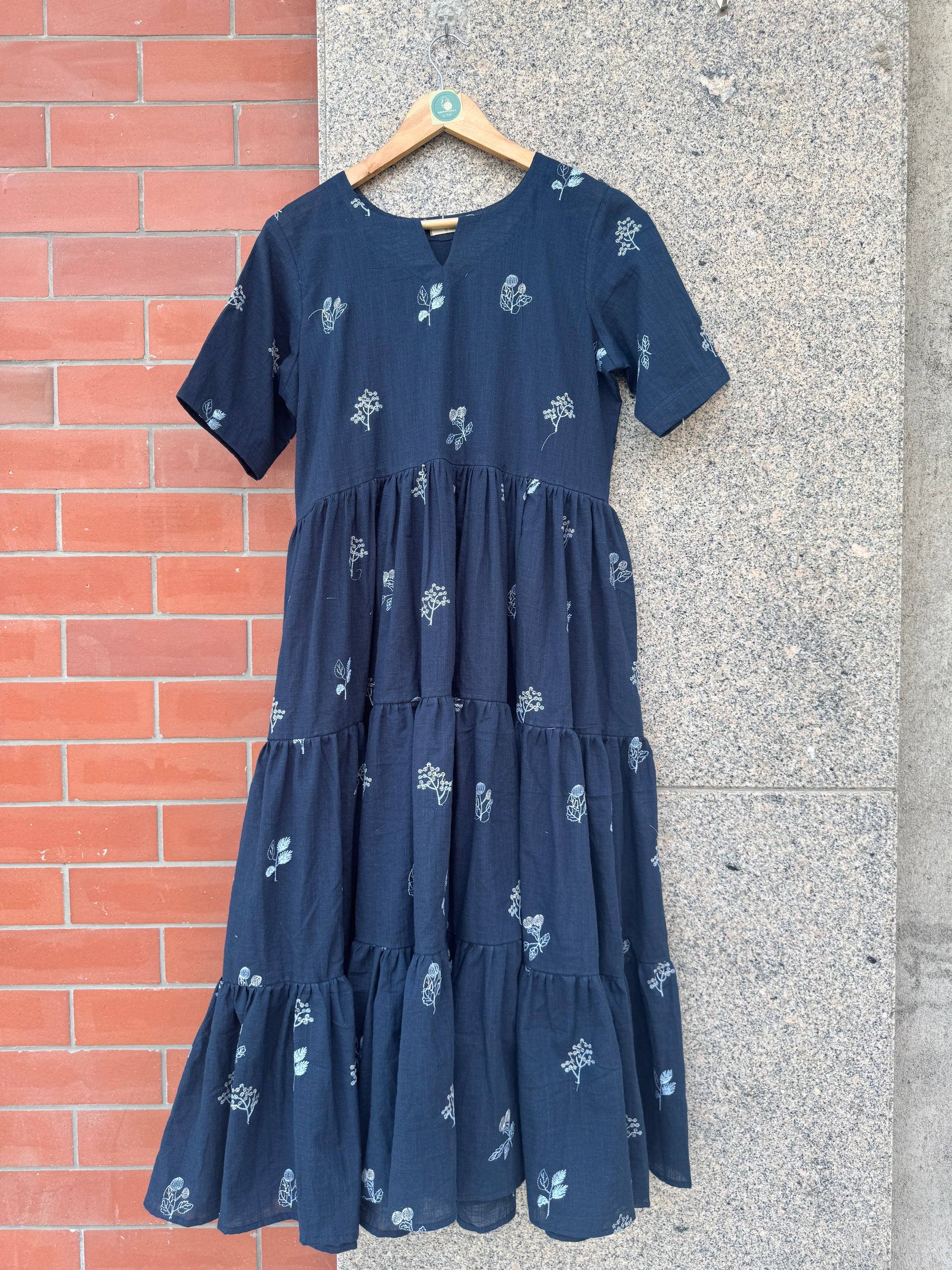 BLUE EMBROIDERY GATHERING LINEN DRESS HANDMADEAHOLIC BY MISHKA