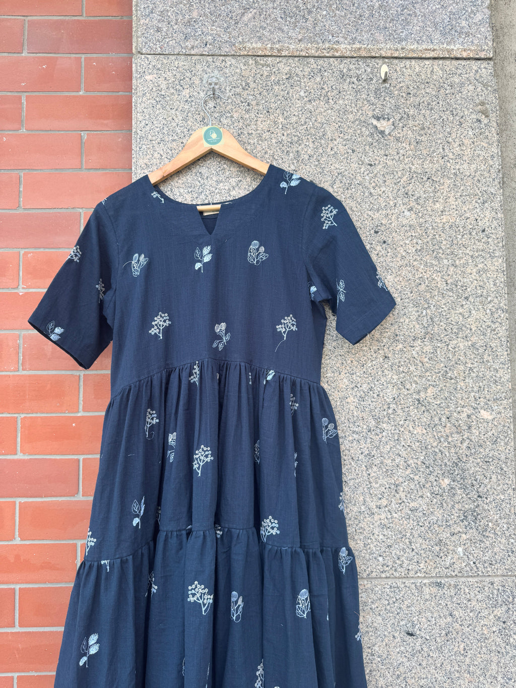 BLUE EMBROIDERY GATHERING LINEN DRESS HANDMADEAHOLIC BY MISHKA