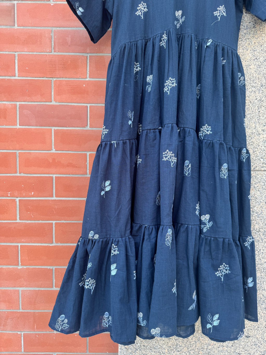 BLUE EMBROIDERY GATHERING LINEN DRESS HANDMADEAHOLIC BY MISHKA
