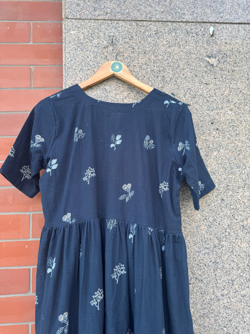 BLUE EMBROIDERY GATHERING LINEN DRESS HANDMADEAHOLIC BY MISHKA