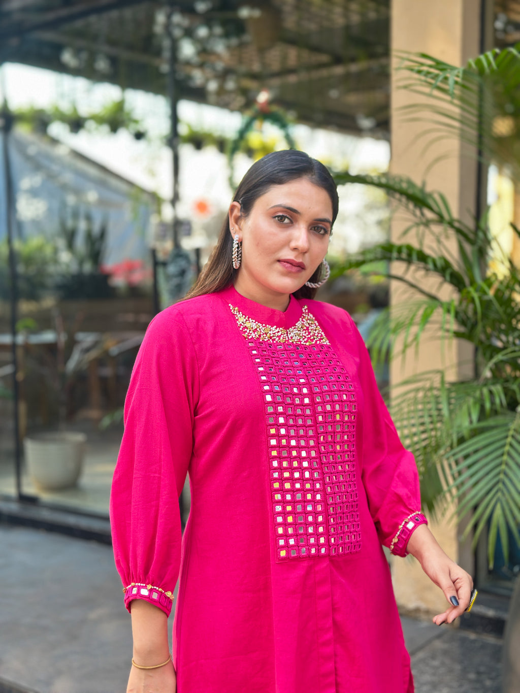 Fuschia Muse Hand-Woven Cotton Kurta Set with Linear Mirror Artistry-AABHALA COLLECTION