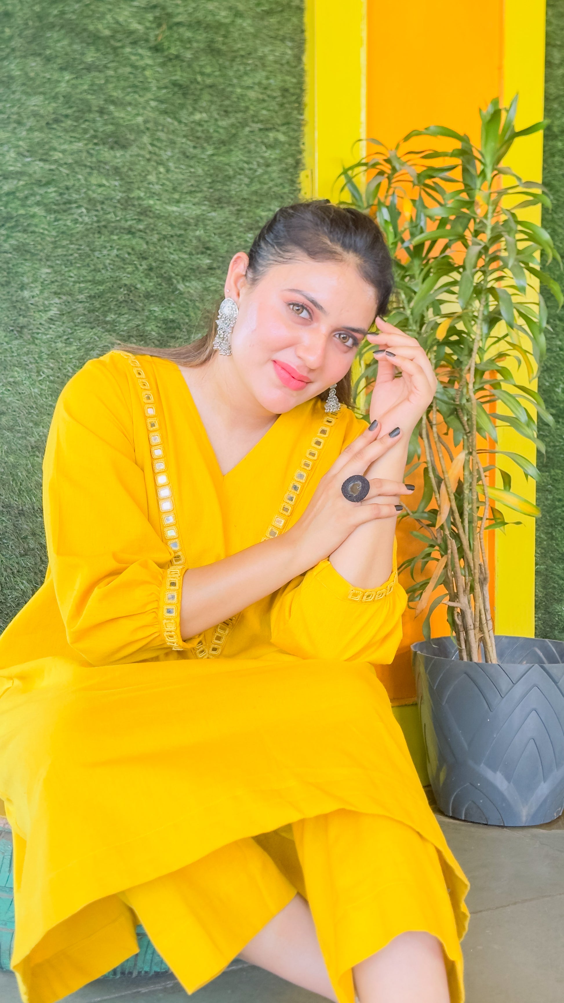 Solar Flare Hand-Woven Cotton V-Neck Kurta & Wide-Leg Pant Set-AABHALA COLLECTION