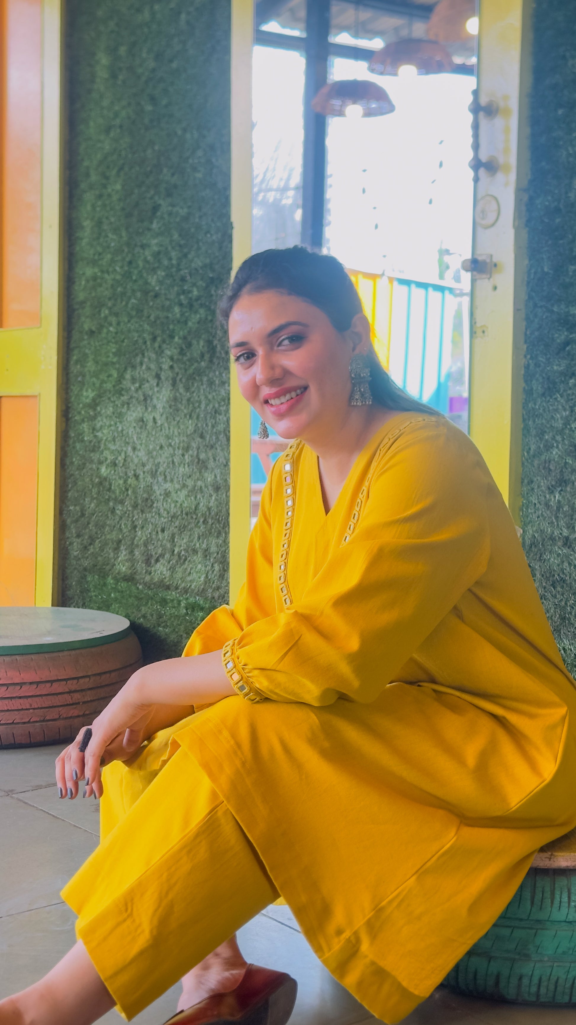 Solar Flare Hand-Woven Cotton V-Neck Kurta & Wide-Leg Pant Set-AABHALA COLLECTION