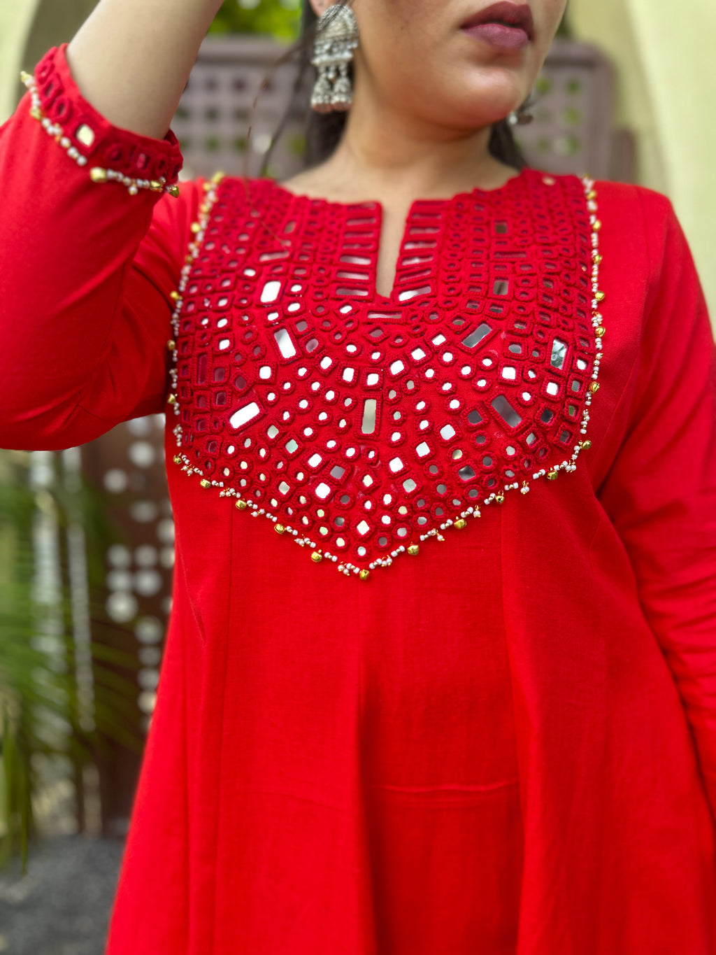 Scarlet Radiance Hand-Woven Cotton Kurta & Pant Set with Authentic Mirror Work- AABHALA COLLECTION