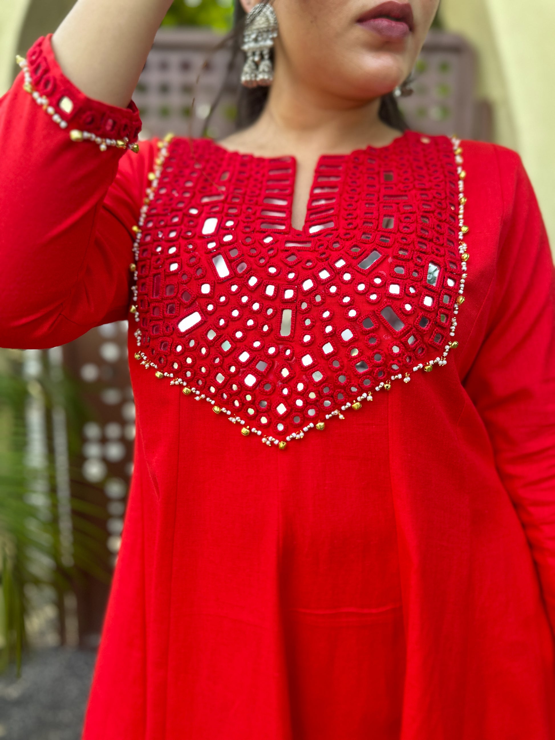 Scarlet Radiance Hand-Woven Cotton Kurta & Pant Set with Authentic Mirror Work- AABHALA COLLECTION