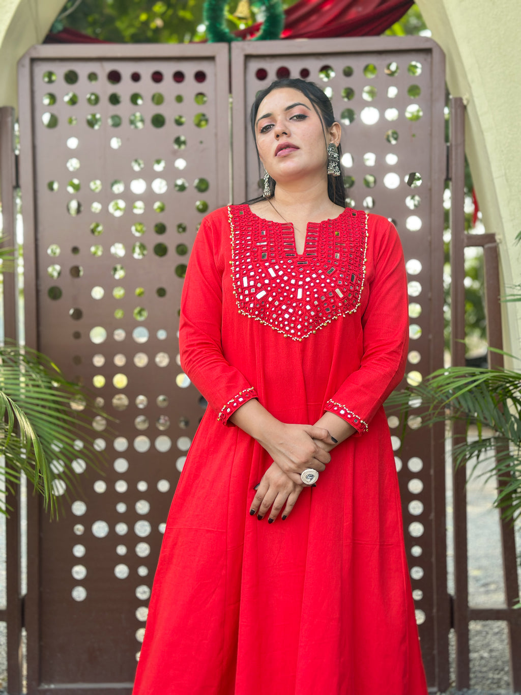 Scarlet Radiance Hand-Woven Cotton Kurta & Pant Set with Authentic Mirror Work- AABHALA COLLECTION