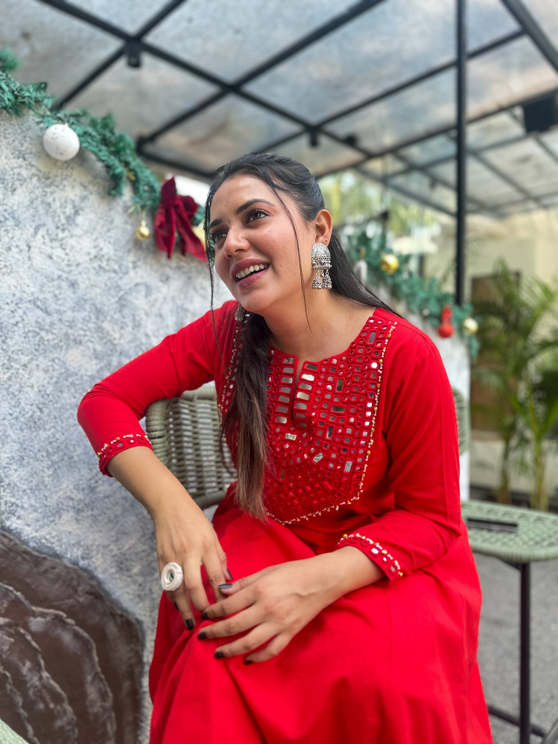 Scarlet Radiance Hand-Woven Cotton Kurta & Pant Set with Authentic Mirror Work- AABHALA COLLECTION