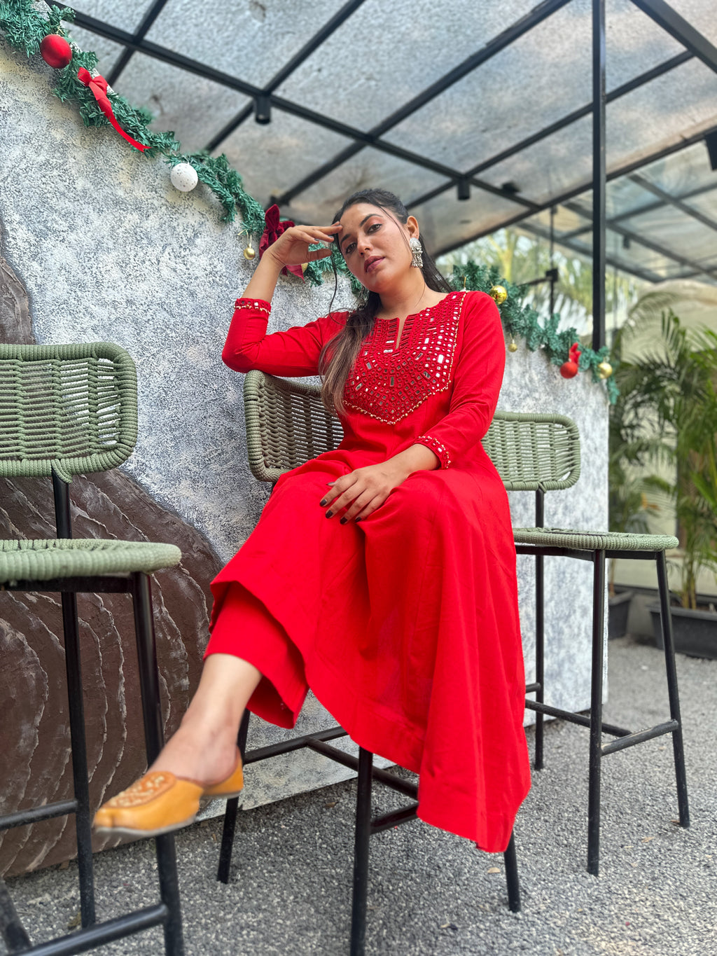 Scarlet Radiance Hand-Woven Cotton Kurta & Pant Set with Authentic Mirror Work- AABHALA COLLECTION